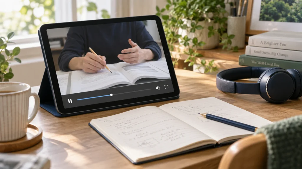 動画講義を映したタブレットとノート、ヘッドホンを置いた学習机の生成イメージ
