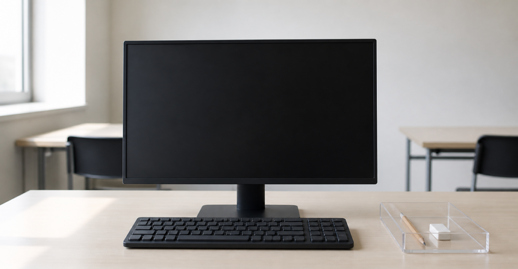 机に置いたパソコンのモニターとキーボード